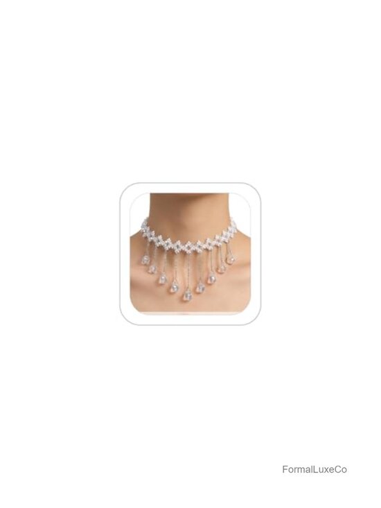 Jewelry - Rhinestone Crystal Tassel Choker Necklace Pearl Beaded Dainty Cubic Zirconia